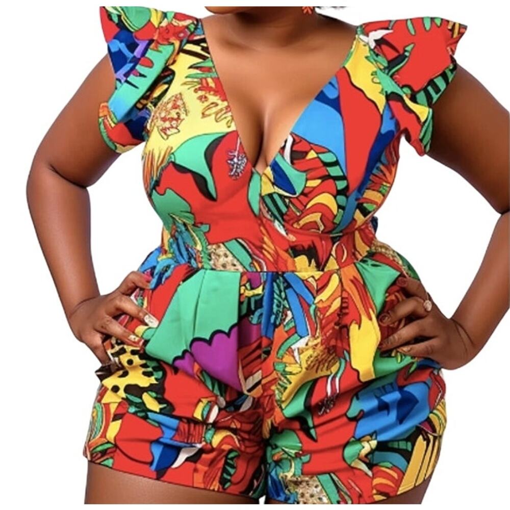 Xpluswear Romper Size XL Multicolor V Neck Short Sleeve Wired Sleeves Back Zip